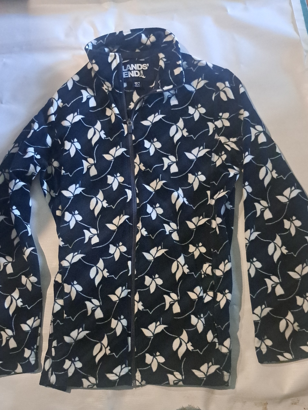 Brand New Lands' End Navy and White Floral Zip Fleece Jacket Medium TALL